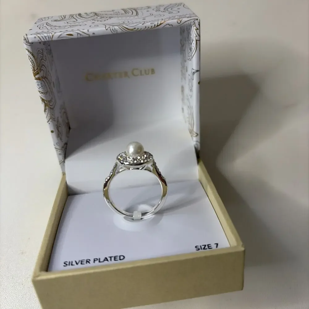 Charter Club Silver-Plated Crystal & Imitation Pearl Halo Ring - Size 7
